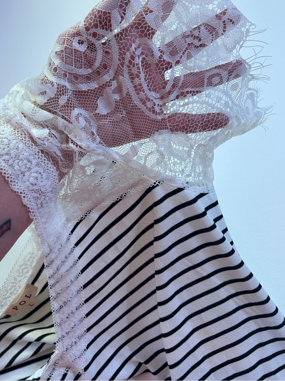POL Black & White Striped Lace Sleeve Top | Boho Cottagecore Romantic | Size L - Picture 3 of 7